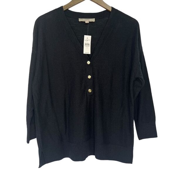 LOFT Cotton Blend Sweater Womens Medium Navy Blue 3/4 Sleeve Pullover V-Neck - Picture 1 of 6